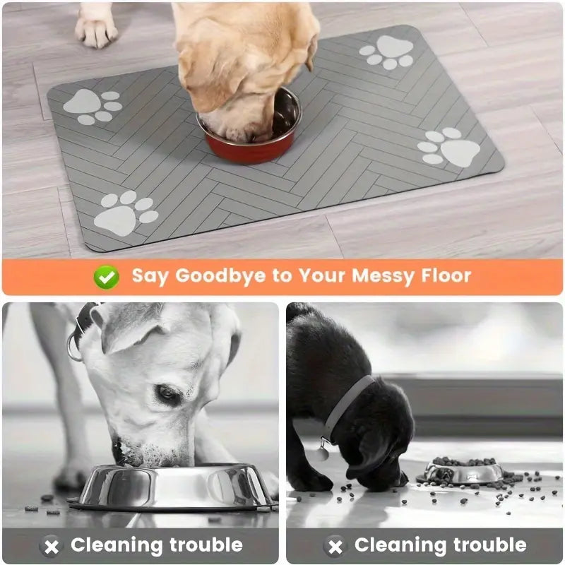 Quick Drying Absorbent Pet Feeding Mat for Dogs and Cats, Non-Slip Rubber Bottom, Dark Polyester Surface for Indoor Use