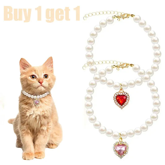 Adjustable Pearl Cat Collar Set with Heart-Shaped Rhinestones - Elegant Accessories for Weddings and Special Occasions